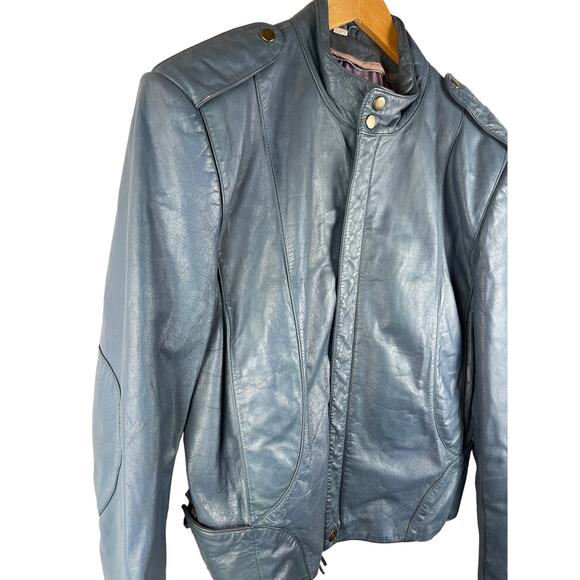 Vintage 1980’s Women’s Cropped Teal Leather Jacket with Epaulettes‎ Size 44 (XL) - Picture 2 of 14